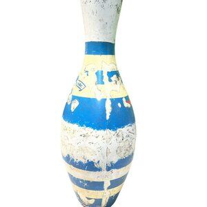 Vintage Blue And White Striped Bowling Pin Wooden Plastic Coated Made In USA